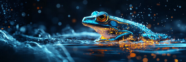 A glowing water cycle icon linked to a frog, representing online amphibian conservation platforms and ecological research initiatives.  