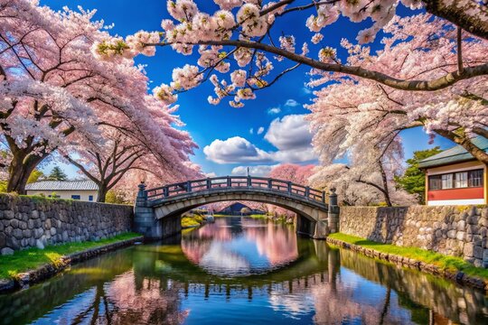 Serene Spring View of Omihachiman Bridge Over Moat Surrounded by Blooming Sakura Trees in a Picturesque Japanese Landscape