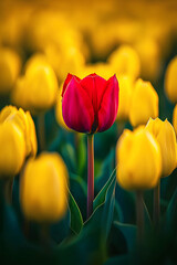 Fototapeta premium Single red tulip in a yellow tulip field, showcasing spring beauty.