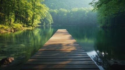 Serene Wooden Dock Extending into a Tranquil Lake Surrounded by Lush Green Forest