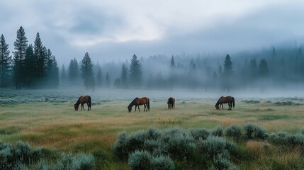 Horses grazing in a misty meadow surrounded by trees, creating a serene natural scene.