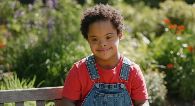 Joyful young boy with down syndrome enjoying sunny day in garden setting
