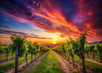 Fototapeta premium Serene Sunset Over Vineyard Silhouette: Captivating Landscape of Grape Vines Against a Colorful Sky at Dusk for Wine Lovers and Nature Enthusiasts