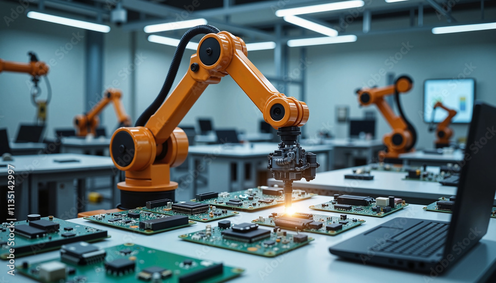 Aufkleber advanced robotic arm assembling electronic components in a high-tech lab setting in the heart of a b