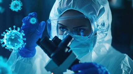 Scientist examining viruses under a microscope in a laboratory environment.
