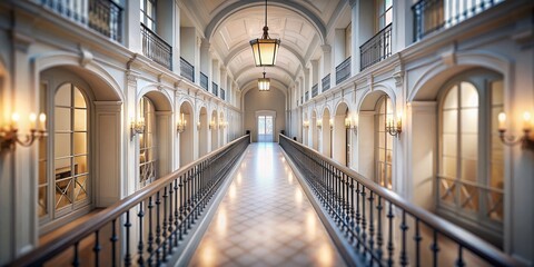 Serene Tilt-Shift Photography of a Light Gray Modern Upper Level Balcony Hallway with Elegant Design and Soft Lighting, Perfect for Contemporary Interior Inspiration
