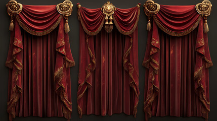 Opulent red velvet curtains with intricate swags, tassels, and golden accents create a lavish, dramatic setting perfect for high-end theatrical performances and elegant events. Velvet. Illustration