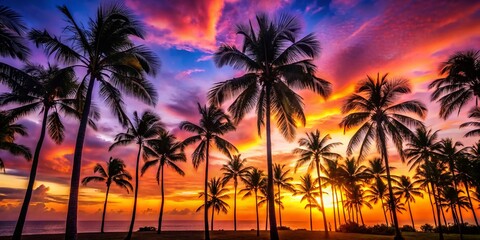 Serene Tropical Sunset with Silhouetted Palms – Vibrant Colors and High Depth of Field for Perfect Relaxation and Scenic Beauty in Nature Photography