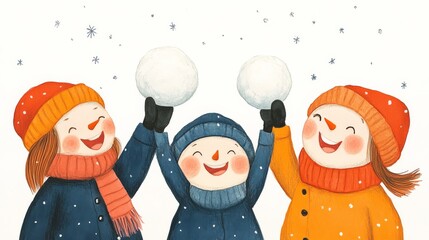 A whimsical illustration depicting a snowman family having a snowball fight under a starlry sky, featuring their joyful expressions.