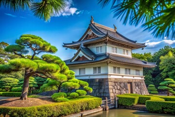 Obraz premium Serene View of the Hyakuninbansho Guardhouse in the East Gardens of Tokyo's Imperial Palace, Capturing Historic Architecture and Tranquil Surroundings in Rule of Thirds Composition