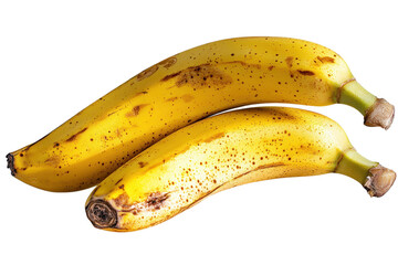 Two ripe bananas with a yellow peel, showcasing natural spots and curves, positioned close to each other.