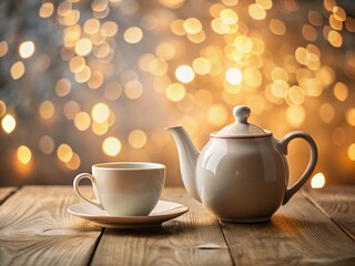 Fototapeta premium Serene White Teapot with a Mug on a Wooden Table Surrounded by a Soft Bokeh Background, Perfect for Cozy Tea Moments and Home Decor Inspiration
