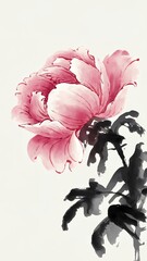 Chinese ink painting of a delicate pink and red peony with soft purple petals, featured in a minimalist style on a white background, perfect for greeting cards