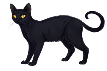 A sleek black cat with striking yellow eyes stands poised, showcasing its elegant form and attentive posture.