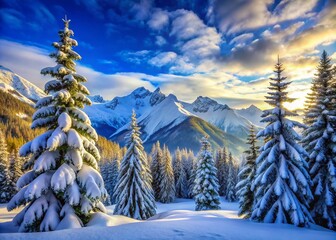 Serene Winter Landscape with Majestic Evergreen Trees Against Snow-Dusted Mountains and Crisp Blue Sky