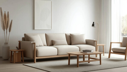 Modern Minimalist Living Room Beige Sofa Wooden Furniture Decor