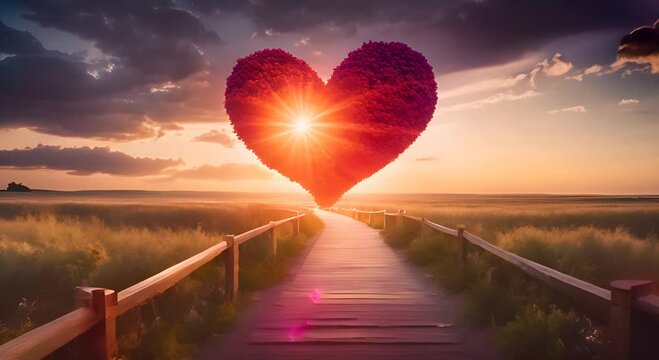 Big red heart flying over pathway at sunset 4K