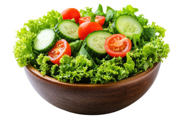 A vibrant salad with fresh lettuce, cucumber slices, and cherry tomatoes in a wooden bowl.