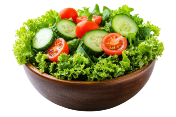 A vibrant salad with fresh lettuce, cucumber slices, and cherry tomatoes in a wooden bowl.