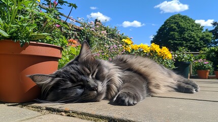 Obraz premium A cat peacefully sleeping on a sunny patio surrounded by colorful flowers.