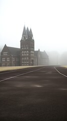 Fototapeta premium A misty morning scene featuring a historic building with a prominent tower and intricate architectural details, set against a fog-blanketed backdrop. The foreground displays a winding, dark asphalt pa