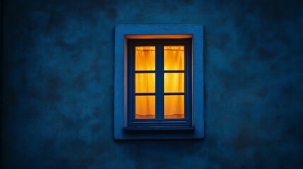 Illuminated window at night on a blue wall.
