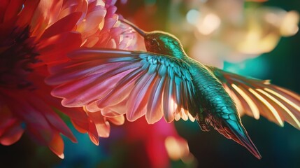 Obraz premium Vibrant macro image capturing a hovering hummingbirds iridescent feathers