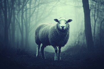 Fototapeta premium Mysterious Sheep in Foggy Forest Surrounded by Trees with Ethereal Atmosphere at Dawn, Captivating Nature Scene Highlighting Tranquility and Serenity