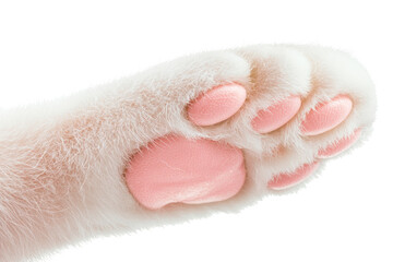Fototapeta premium A close-up of a fluffy cat paw with pink pads, showcasing its soft texture against a black background.