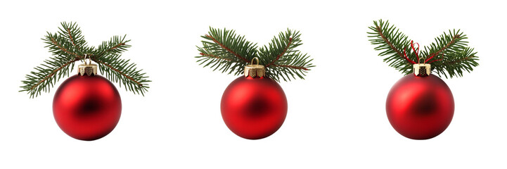 Set of A single glossy red Christmas ornament with a reflective surface on transparent png background