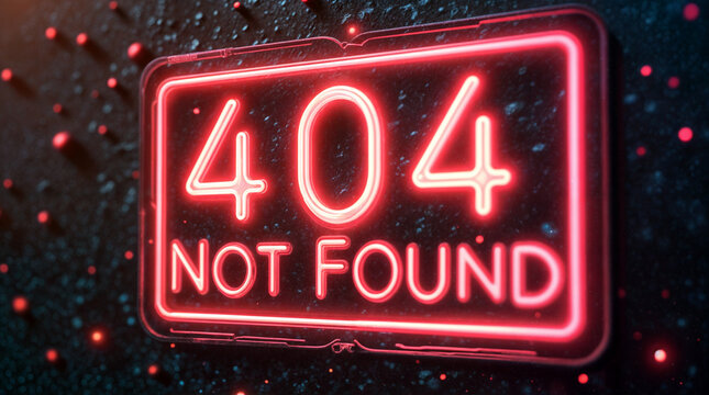 Neon sign displays 404 not found error, symbolizing a broken link, common in digital environments and online navigation challenges