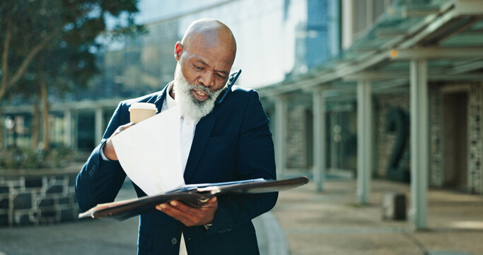 Phone call, documents and multitasking with business black man in city for lawyer, legal counsel or time management. Attorney advisor, contact and paperwork with mature employee in Kenya for schedule