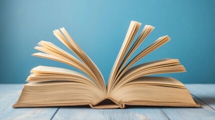 Fototapeta premium Open book pages spread wide on blue background
