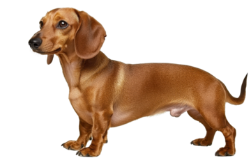 A small, slender dachshund with a smooth, reddish-brown coat, standing alert and looking to the side.