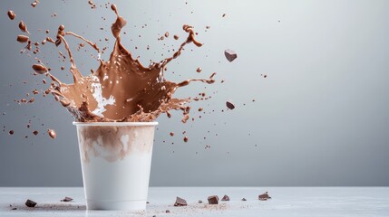 An energetic splash of chocolate bursts dramatically out of a white cup, with chocolate chunks flying around, set against a cool, grey background implying modern style.