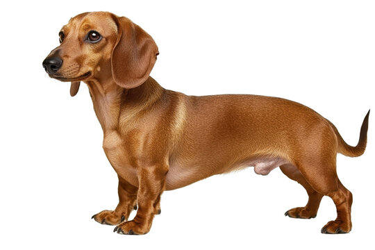 A small, slender dachshund with a smooth, reddish-brown coat, standing alert and looking to the side.