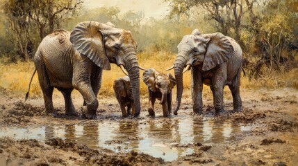 Fototapeta premium African elephant family bathing in muddy watering hole with trees