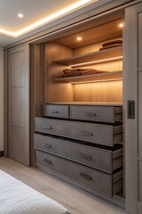 Fototapeta premium Modern walk-in closet with sliding doors, open drawers, and warm LED lighting.