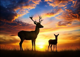 Naklejka premium Silhouette of a Majestic Deer and Doe Against a Vibrant Sunset, Capturing the Essence of Nature's Beauty in Portrait Photography