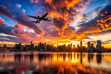 Fototapeta premium Silhouette of an Aeroplane Flying Over the Scenic Cityscape of Vancouver at Sunset, Capturing the Beauty of Urban Landscapes and Aviation in Perfect Harmony