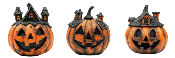 Set of A smiling pumpkin with a spider crawling on its surface  on transparent png background