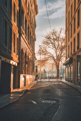 coucher du soleil hivernal sur la Rue des Etuves ,Genève