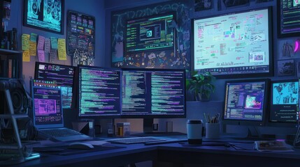 Obraz premium Dark, futuristic, cluttered coder's room filled with multiple computer screens displaying code and data visualizations.