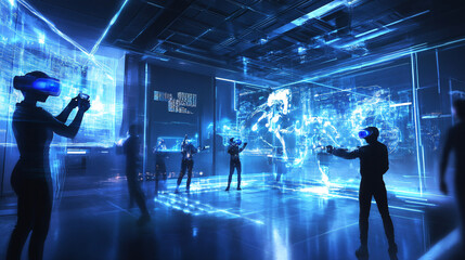 Obraz premium A high-tech virtual reality gaming arena, with players battling holographic monsters in a sleek, futuristic environment. 