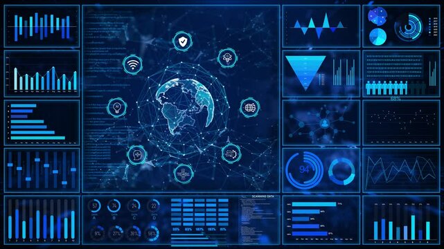 Advanced Modern Business HUD data analytics dashboard display Technology data analysis. financial investment. infographic of financial. reports of business strategy for investment Information