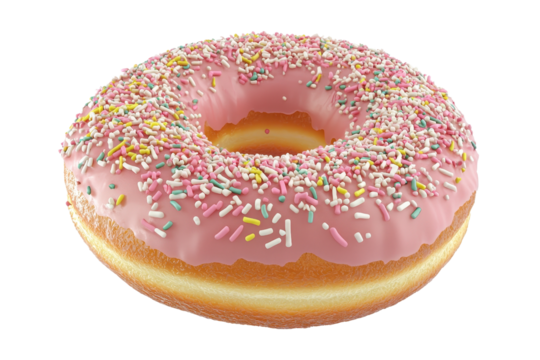 A pink frosted donut topped with colorful sprinkles, featuring a fluffy texture and a classic ring shape.