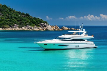 Fototapeta premium Luxury Yacht in Turquoise Waters of a Tropical Island