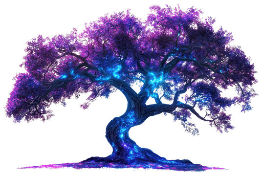 A vibrant, fantastical tree features rich purple foliage illuminated by glowing blue accents.