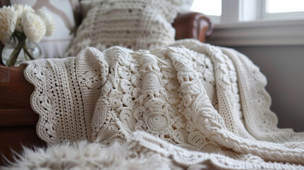 A soft beige crochet blanket with an ornate scalloped border and detailed shell stitch patterns, evoking a timeless vintage aesthetic.
