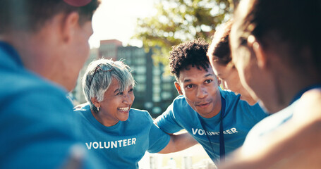 Volunteer, people and team huddle together for synergy, collaboration or donation at park. Charity,...